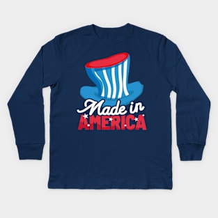 Made in America 4th of July shirt; America; US; USA; United States; fourth of July; celebrate; patriot; party; celebration; 4th of July; patriotic; proud american; red white and blue; stars and stripes; cute; hat; flag; Kids Long Sleeve T-Shirt